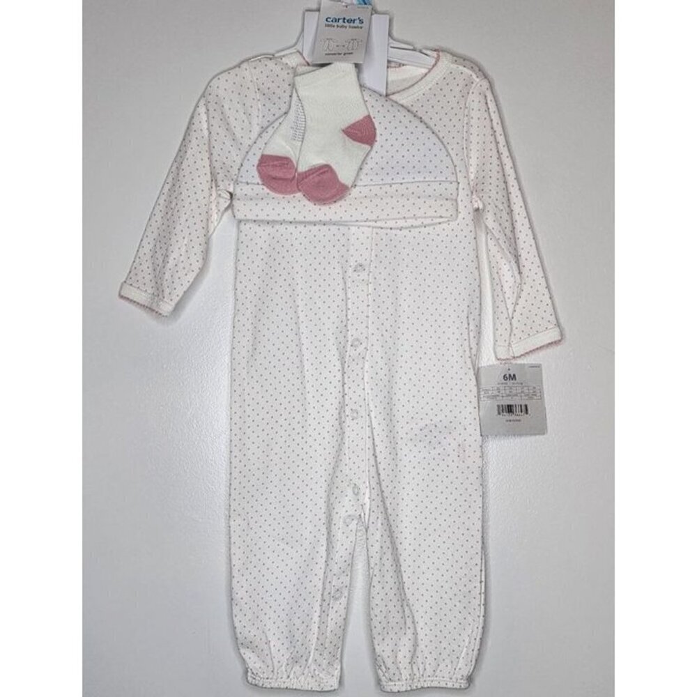 Carter's Girl Polka Dot Snap Up Sleep Play Pajamas with Socks,Hat,Size 6 month